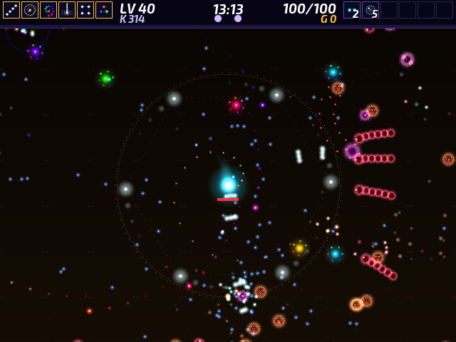 Late in a run, with six evolved weapons firing at once
